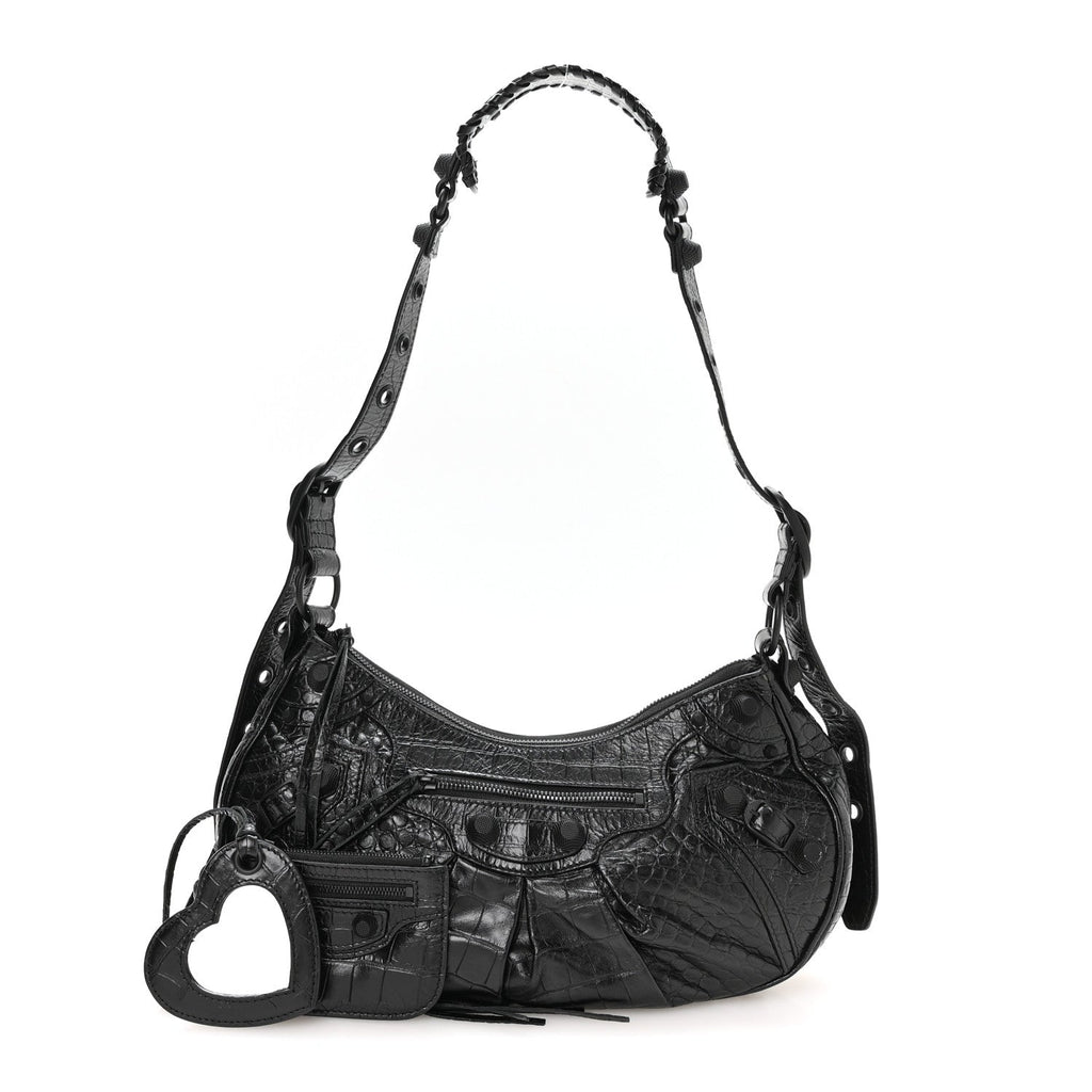 Balenciaga Extra Supple Calfskin Crocodile Embossed Monochrome Small Le Cagole Shoulder Bag Black
