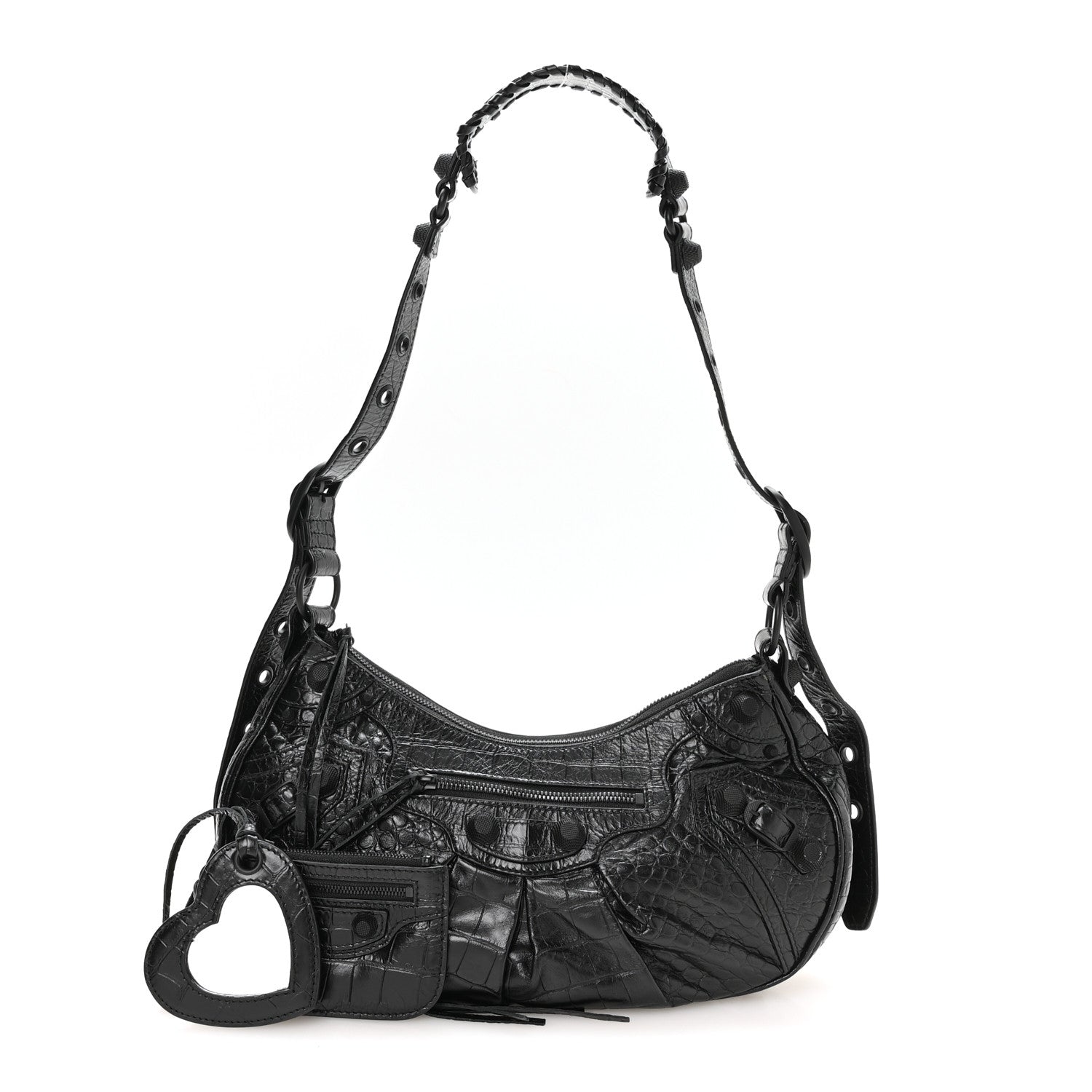 Balenciaga Extra Supple Calfskin Crocodile Embossed Monochrome Small Le Cagole Shoulder Bag Black