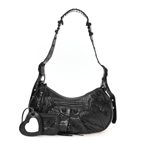 Balenciaga Extra Supple Calfskin Crocodile Embossed Monochrome Small Le Cagole Shoulder Bag Black