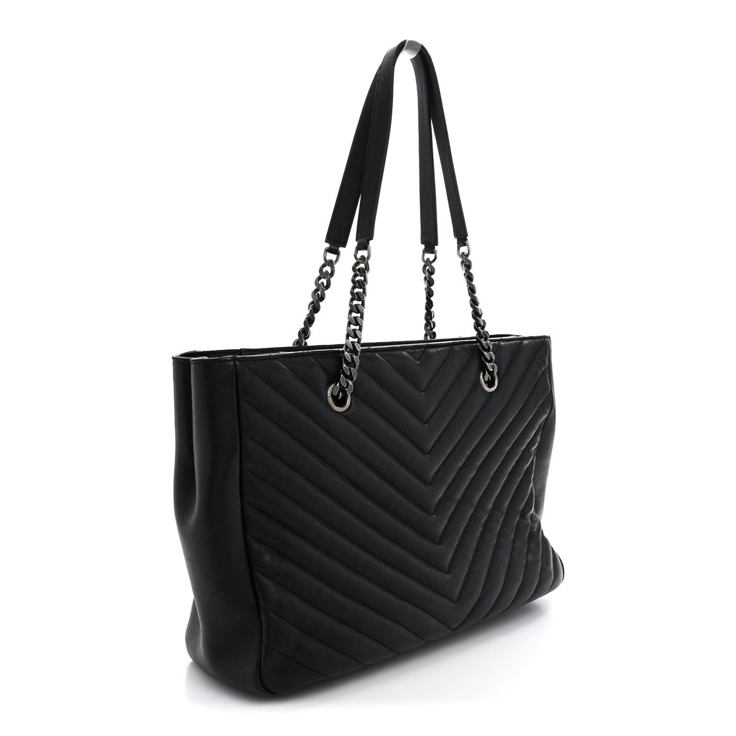 Saint Laurent Sheepskin Matelasse Chevron Large Monogram Shopping Bag Black