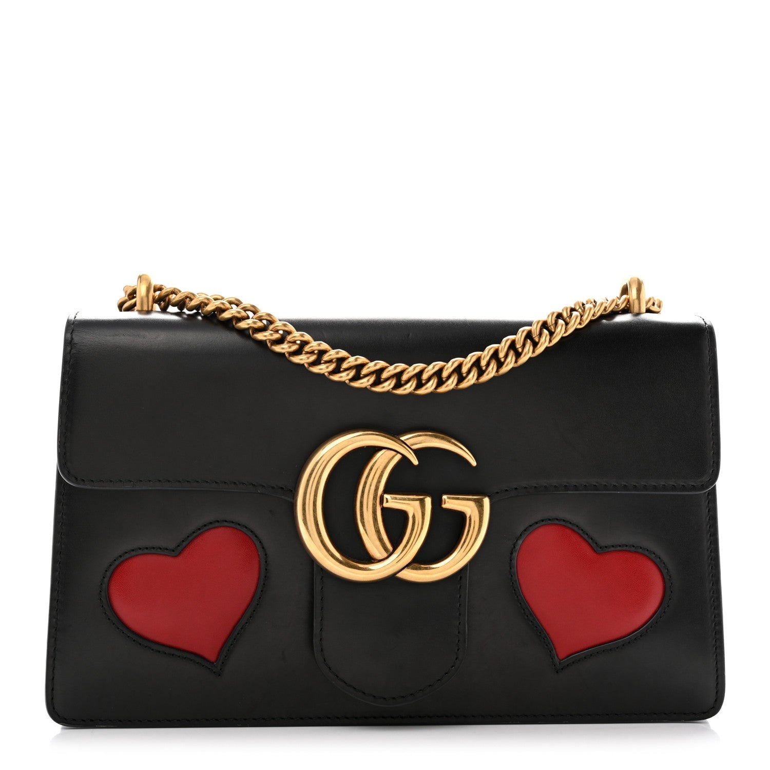 Gucci Knight Calfskin Malaga Kid Heart Medium GG Marmont Chain Handle Bag Black Hibiscus Red Multicolor