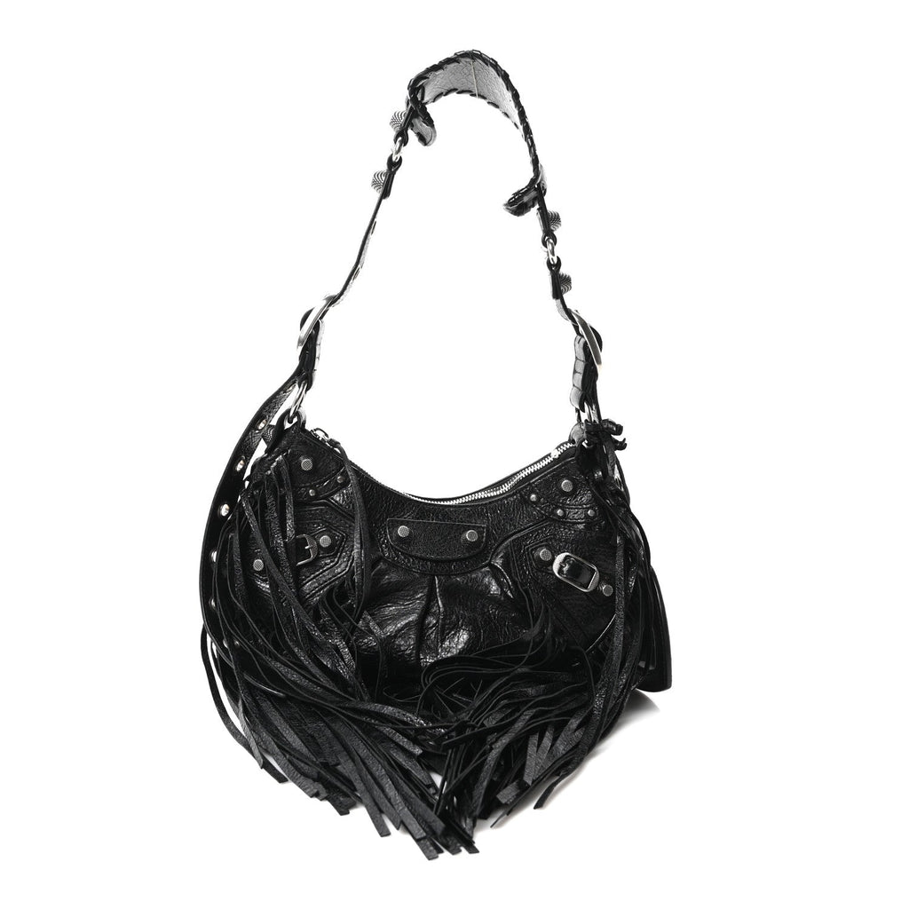 Balenciaga Agneau Arena Le Cagole Fringe Shoulder Bag XS Black