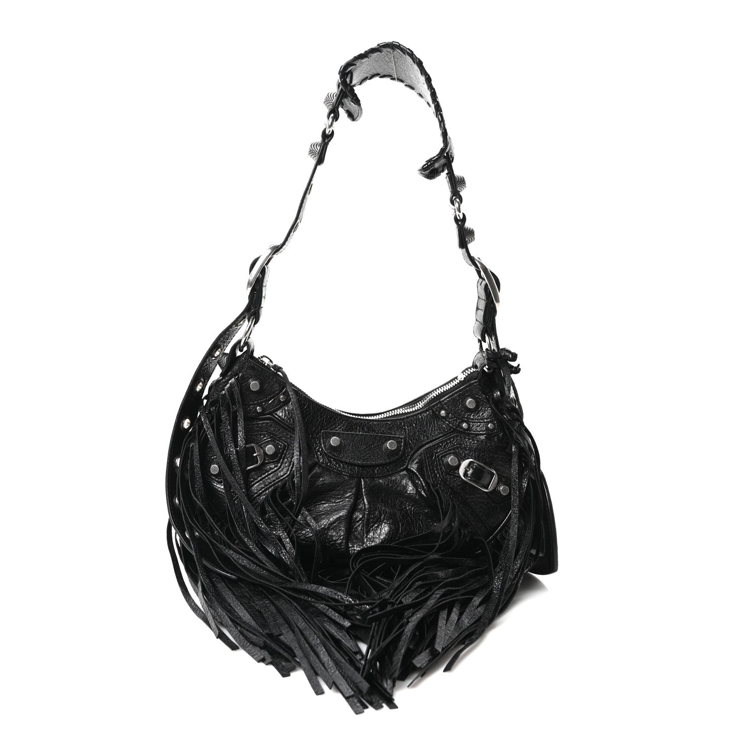 Balenciaga Agneau Arena Le Cagole Fringe Shoulder Bag XS Black