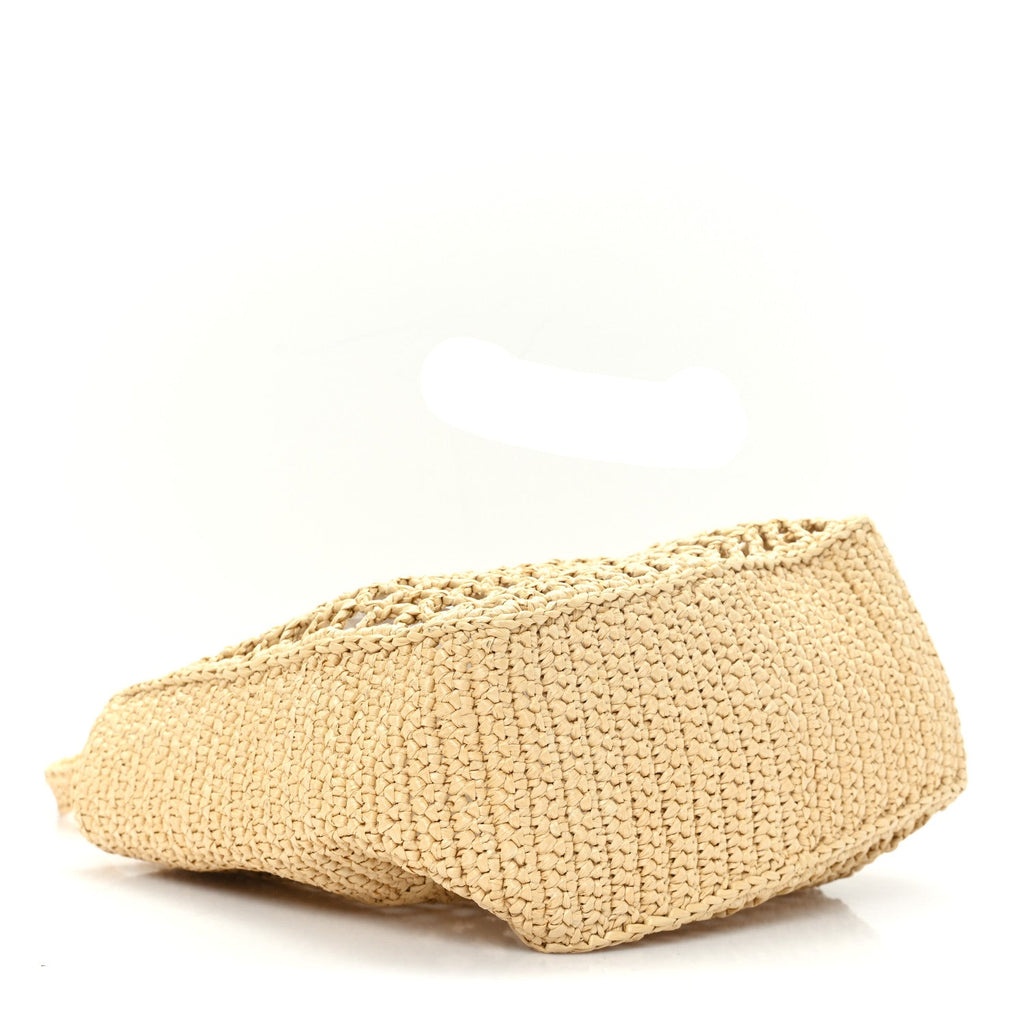Prada Yarn Raffia Effect Crochet Logo Embroidered Small Tote Bag Naturale
