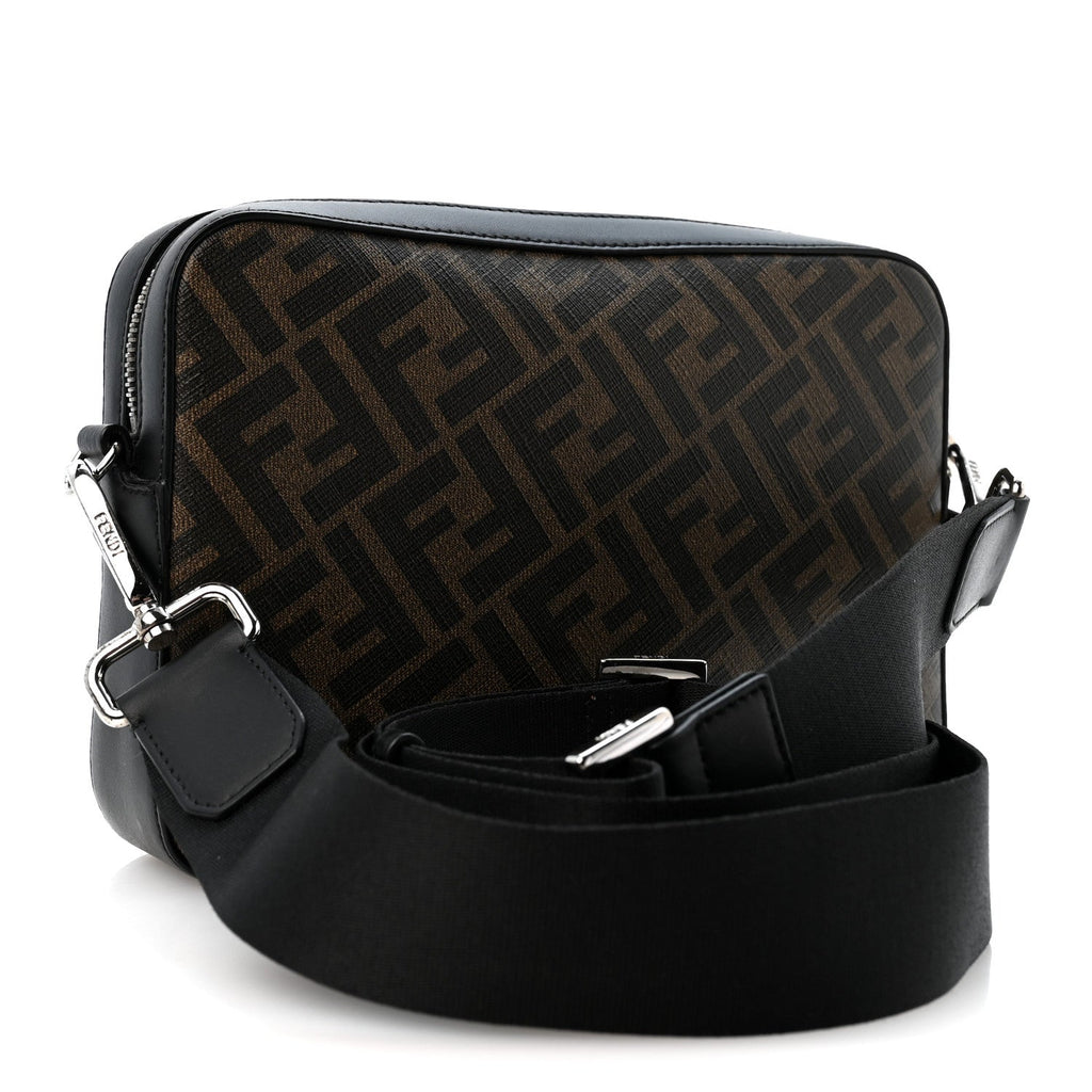 Fendi Glazed Fabric Vitello Liberty FF 1974 Diagonal Medium Camera Case Tobacco Moresco Black