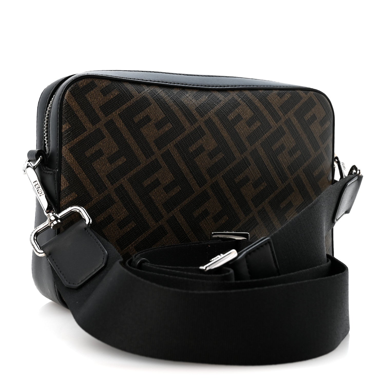 Fendi Glazed Fabric Vitello Liberty FF 1974 Diagonal Medium Camera Case Tobacco Moresco Black