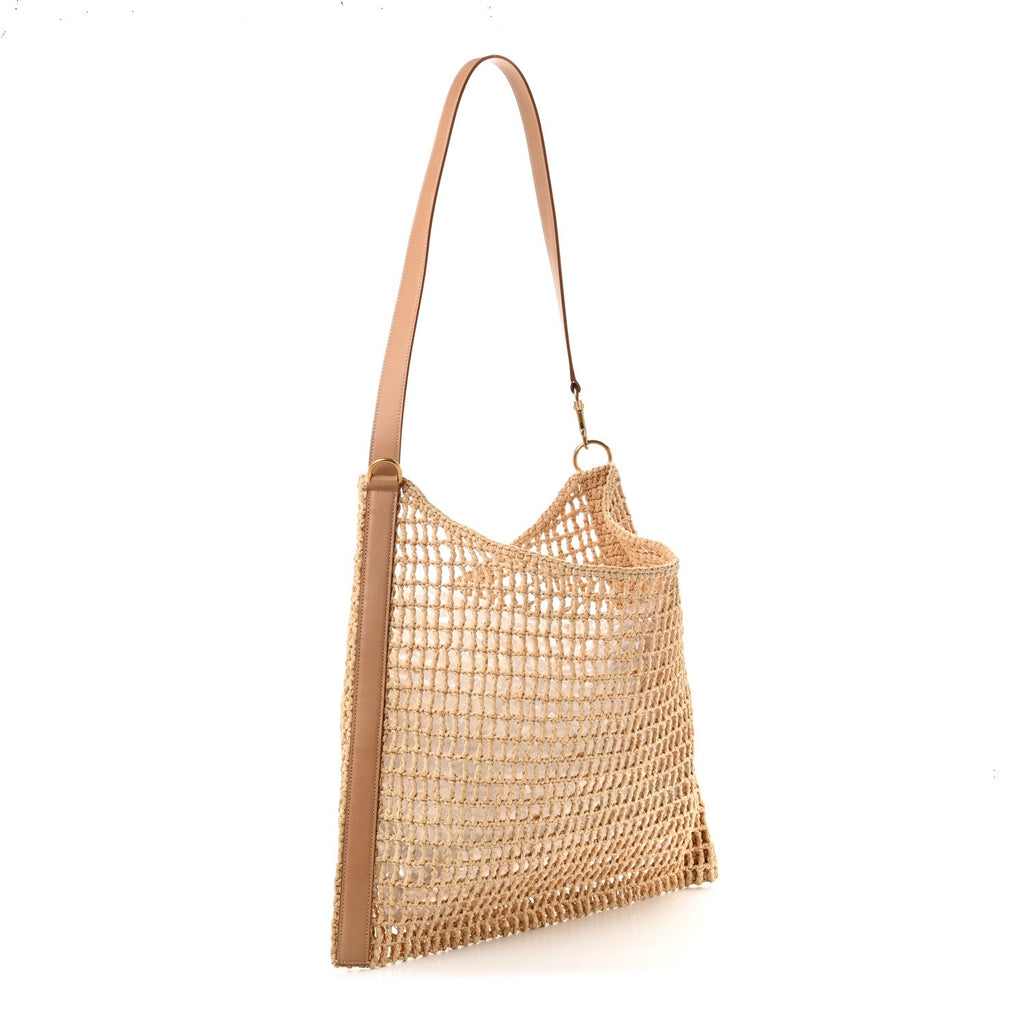 Saint Laurent Raffia Calfskin Oxalis Shoulder Bag Naturale Vintage Brown