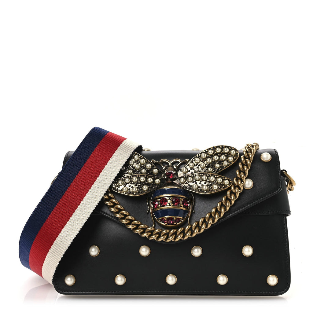Gucci Nappa Pearl Studded Mini Queen Margaret Broadway Shoulder Bag Black
