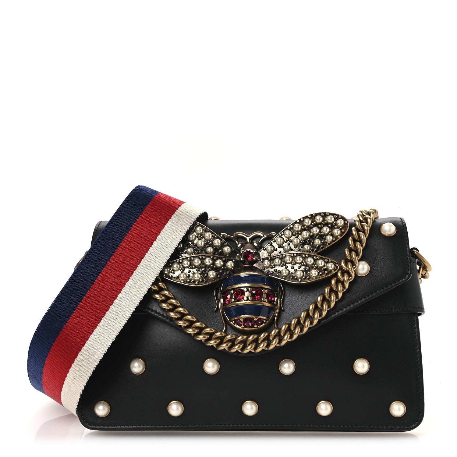 Gucci Nappa Pearl Studded Mini Queen Margaret Broadway Shoulder Bag Black