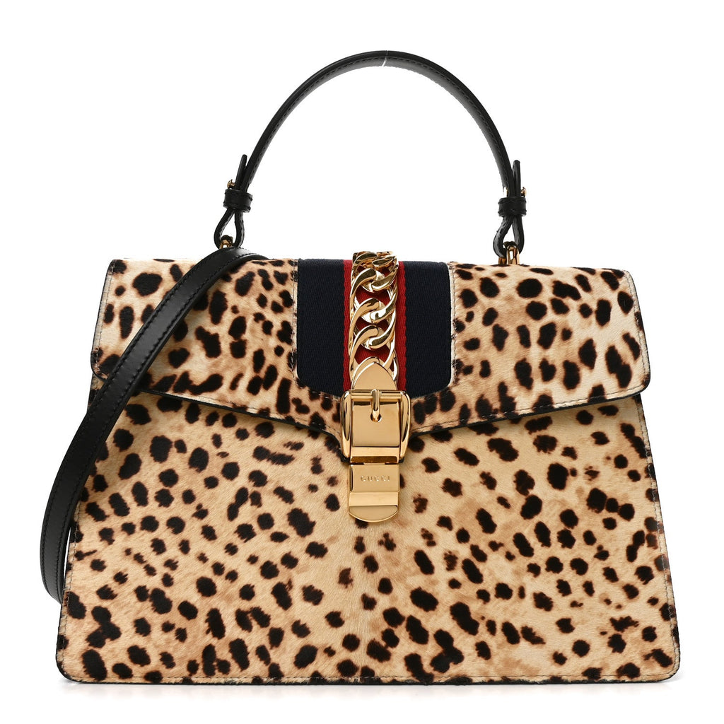 Gucci Calf Hair Leopard Print Medium Sylvie Top Handle Bag Naturale Black Naturale Black