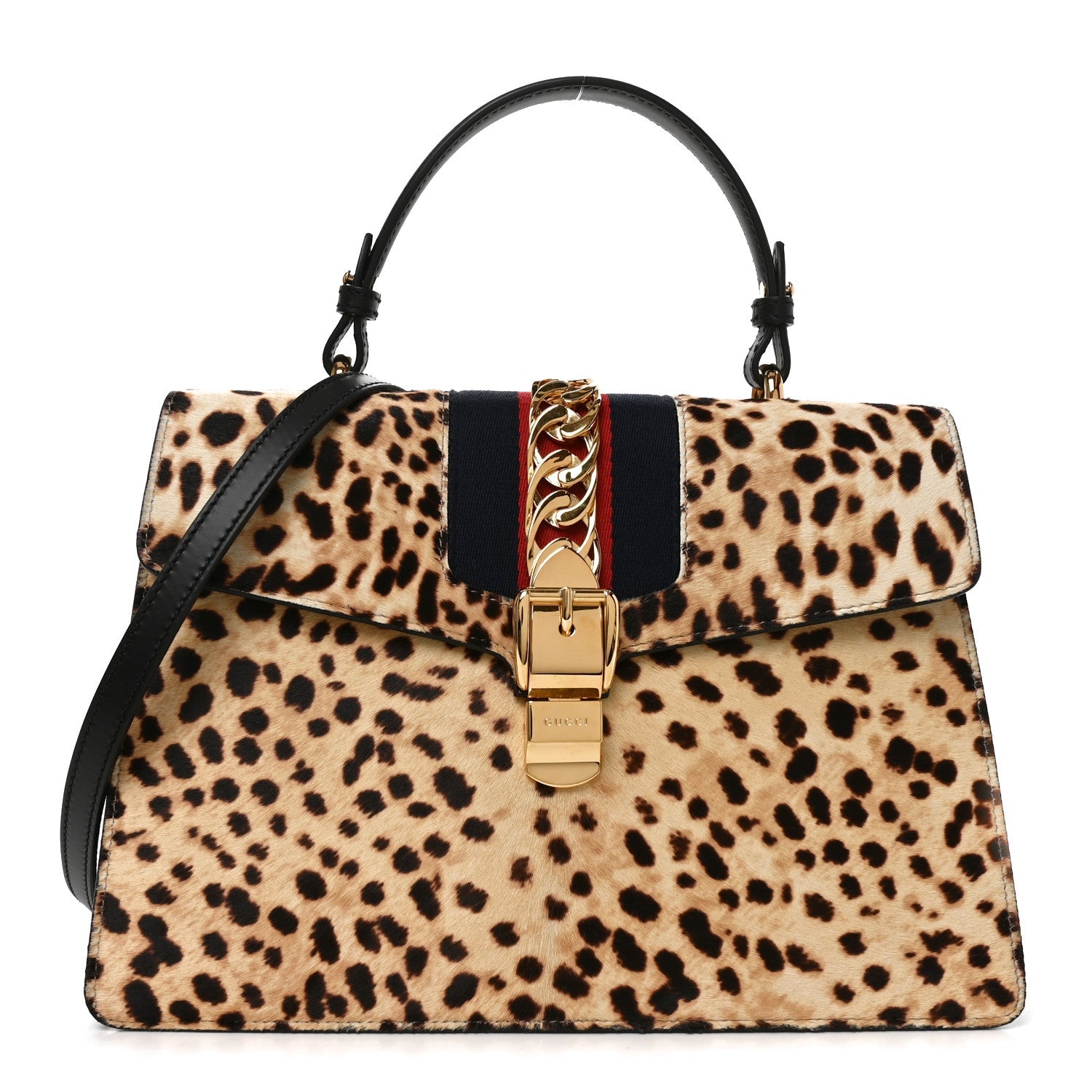 Gucci Calf Hair Leopard Print Medium Sylvie Top Handle Bag Naturale Black Naturale Black