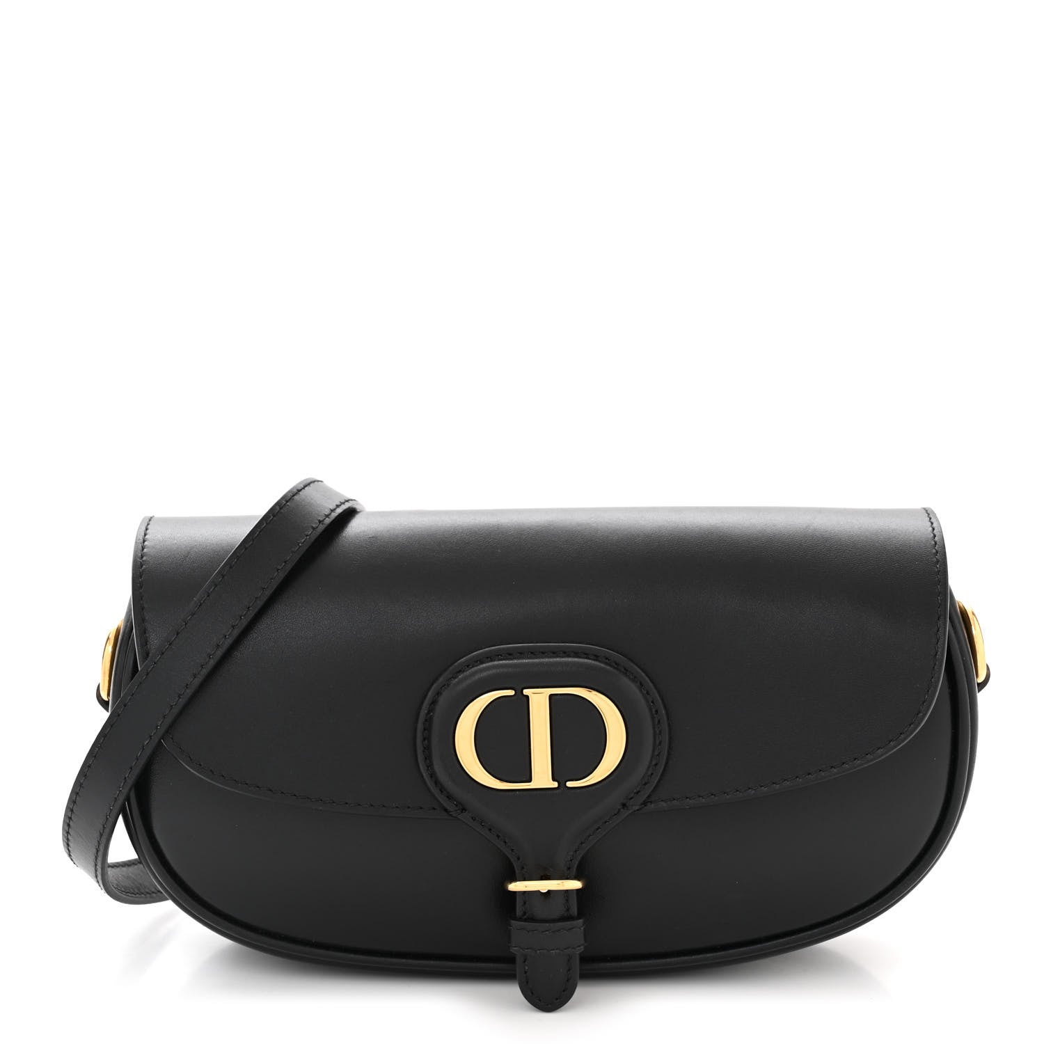 Front view — Dior Bobby East-West Bag in black box calfskin with gold-tone CD clasp and adjustable shoulder strap