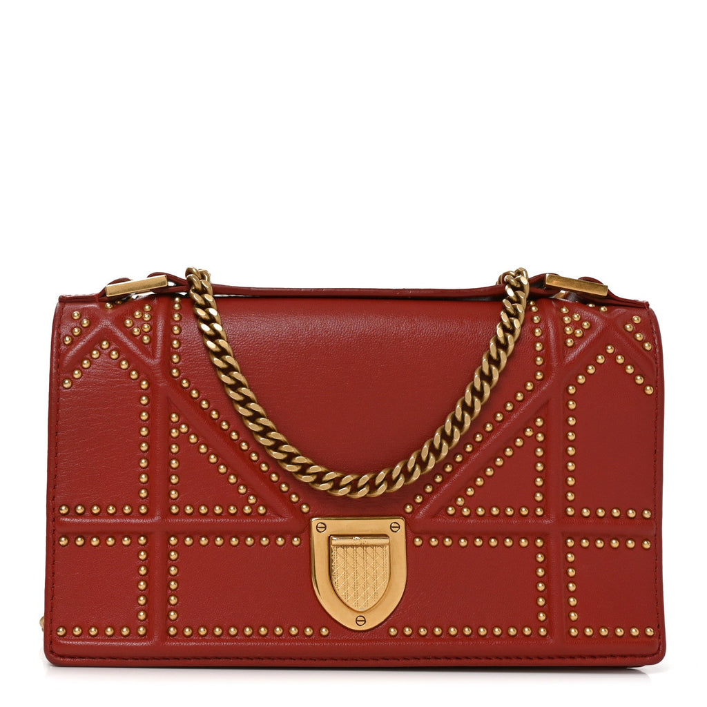 Dior Calfskin Studded Diorama Flap Bag Red front view