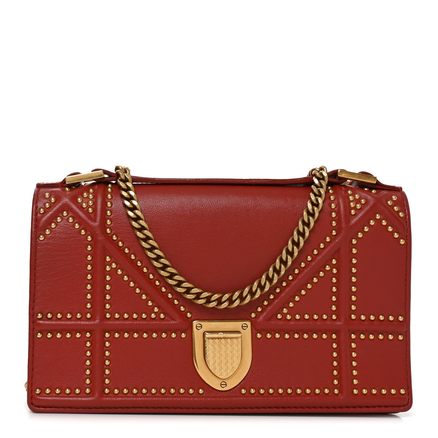 Dior Calfskin Studded Diorama Flap Bag Red front view