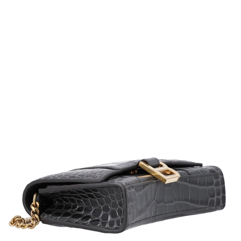Balenciaga Shiny Calfskin Crocodile Embossed Hourglass Chain Bag Gris