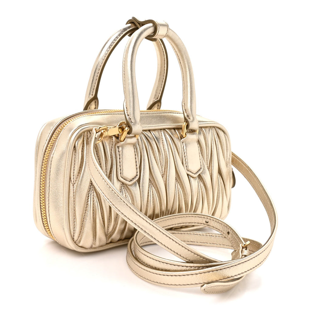 Miu Miu Metallic Nappa Matelasse Mini Arcadie Top Handle Bag Pirite