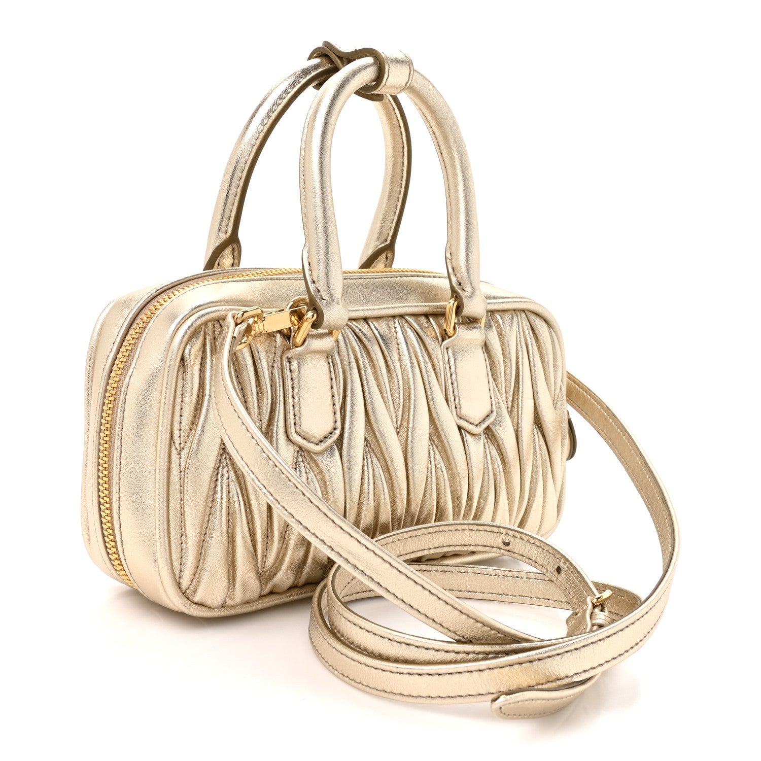 Miu Miu Metallic Nappa Matelasse Mini Arcadie Top Handle Bag Pirite