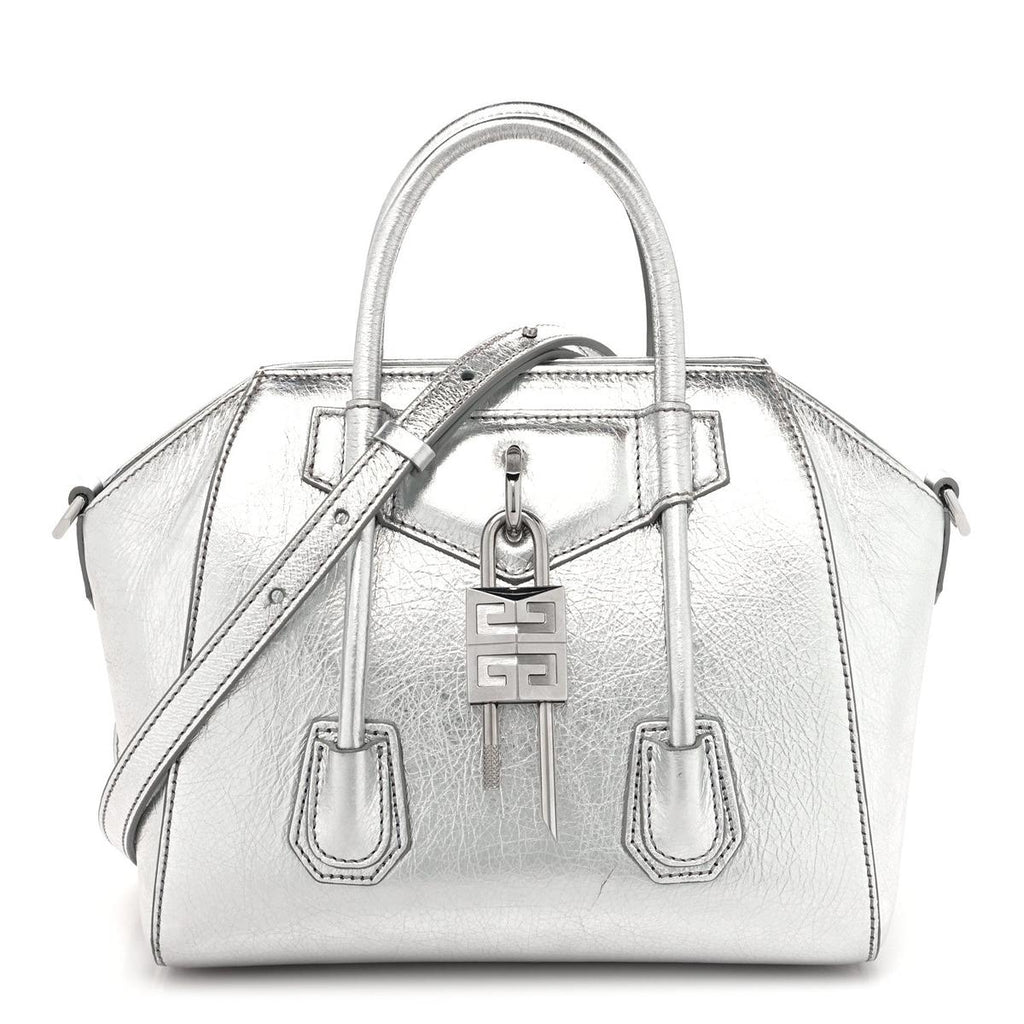 Givenchy Mini Lock Antigona silver grey metallic lambskin front view