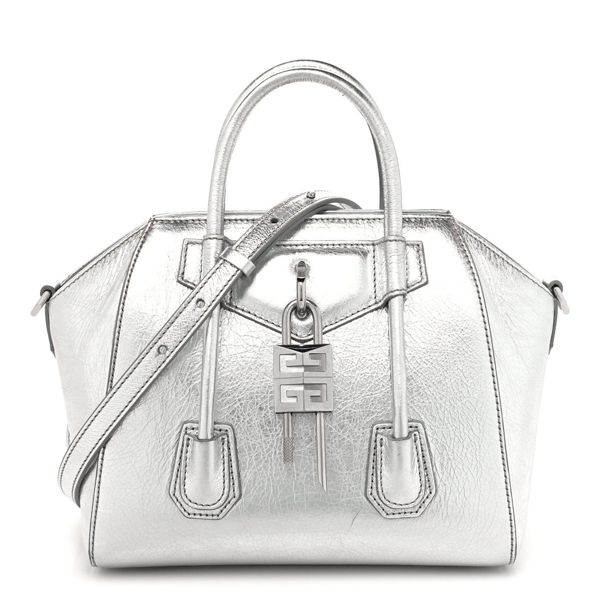 Givenchy Mini Lock Antigona silver grey metallic lambskin front view