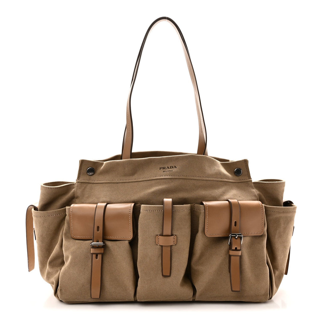 Prada Canvas Calfskin Large Route Shoulder Bag Khaki