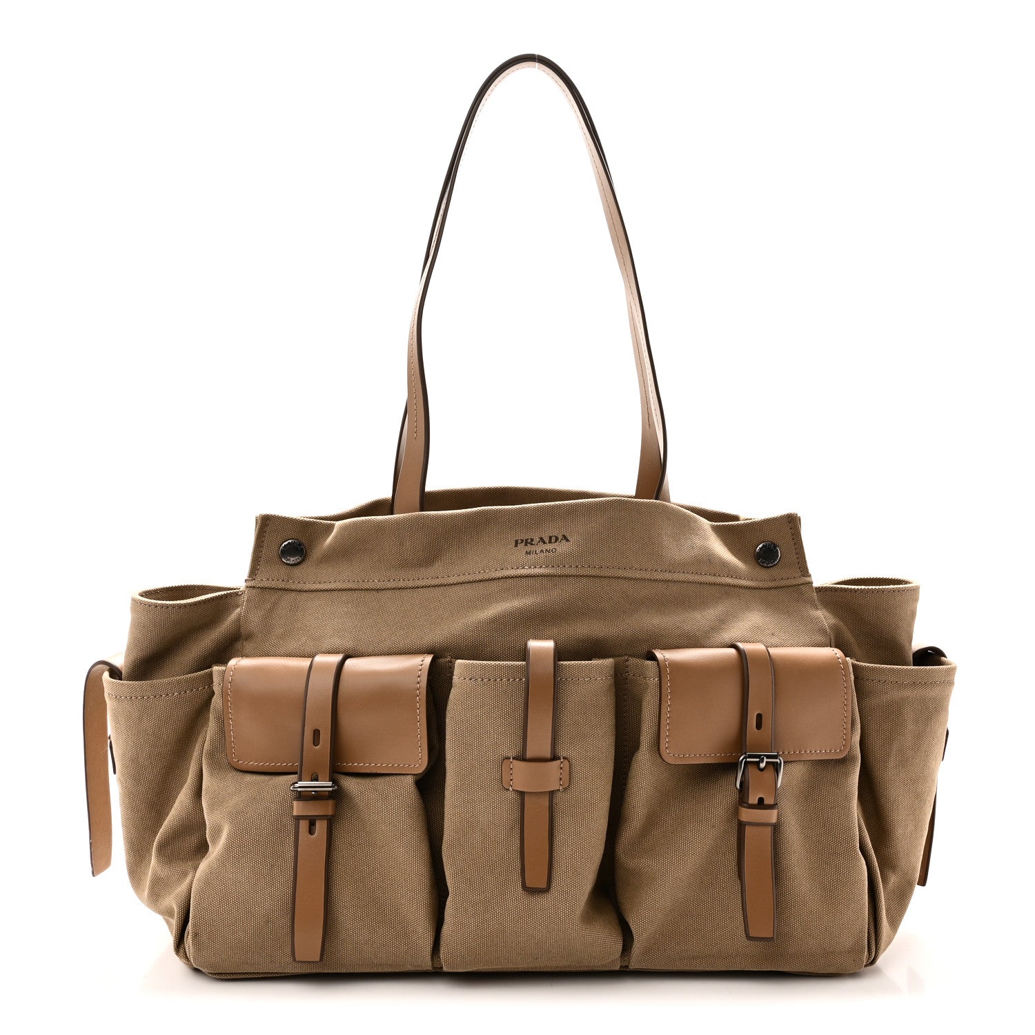 Prada Canvas Calfskin Large Route Shoulder Bag Khaki