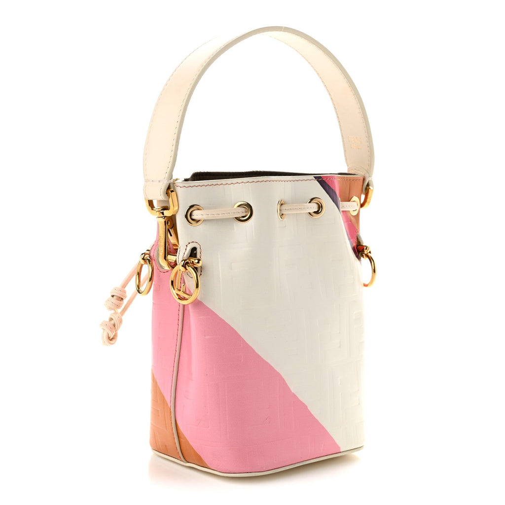 Fendi Vitello King F is Fendi FF Embossed Striped Mini Mon Tresor Bucket Bag Light Rose Multicolor White Ice