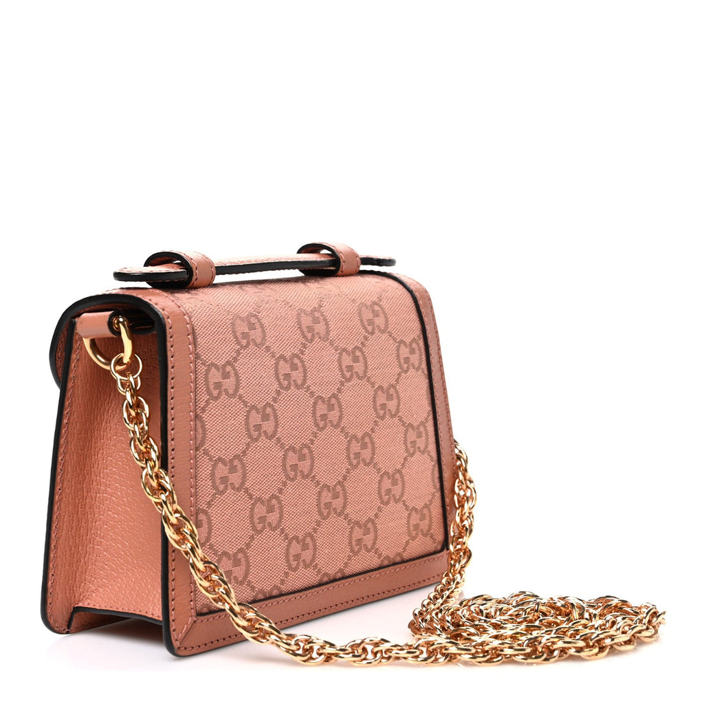 Gucci GG Monogram Textured Dollar Calfskin Mini Ophidia Padlock Top Handle Chain Shoulder Bag Cloche Rose Pink