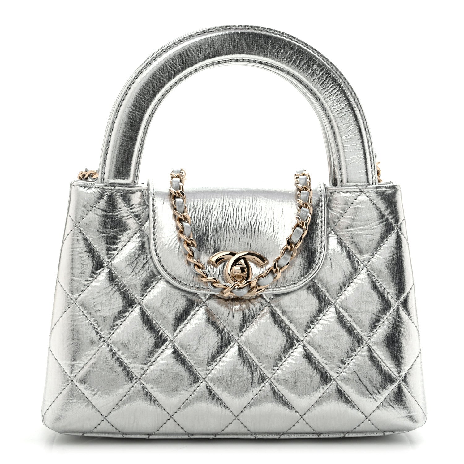 Chanel Metallic Aged Calfskin Quilted Nano Kelly Shopper Silvery