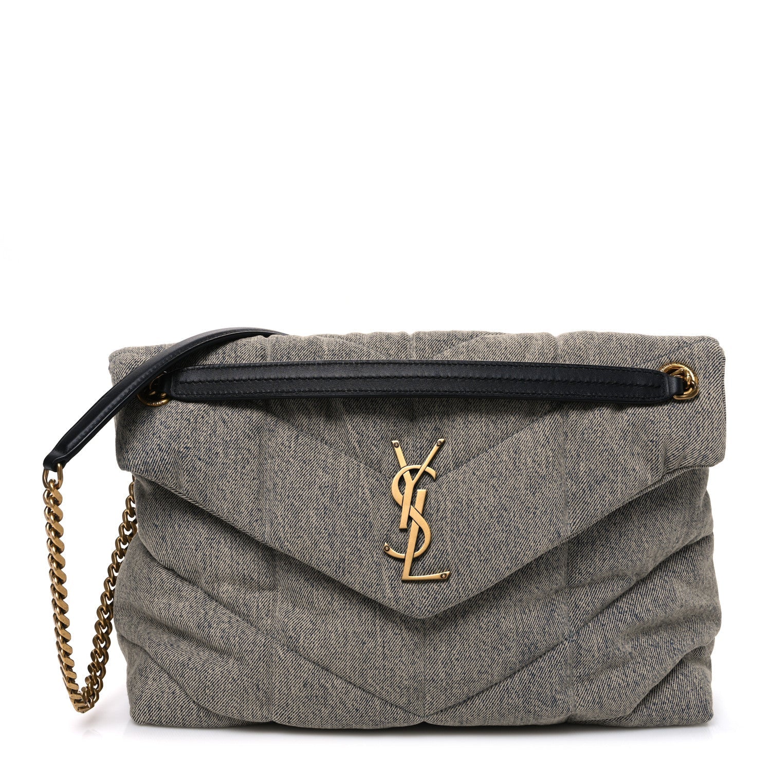 Saint Laurent Denim Quilted Medium Loulou Puffer Monogram Chain Satchel Azur