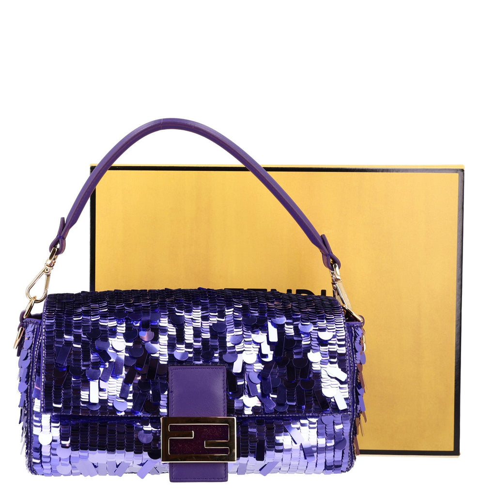 Fendi Sequin Paillettes Shiny Nappa Sex and the City Baguette Viola Purple Rain