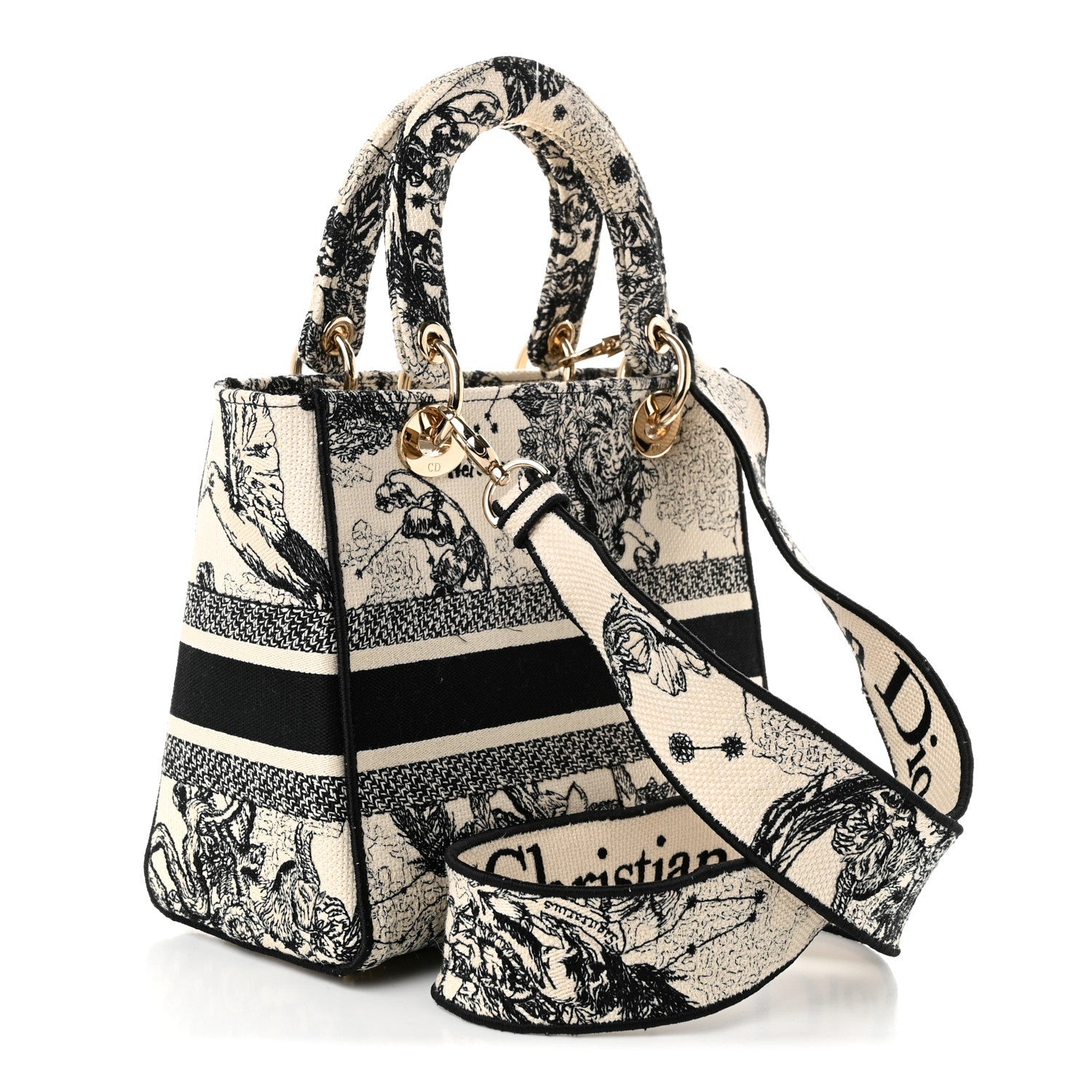 Dior Canvas Embroidered Zodiac Toile De Jouy Medium Lady D-Lite Latte