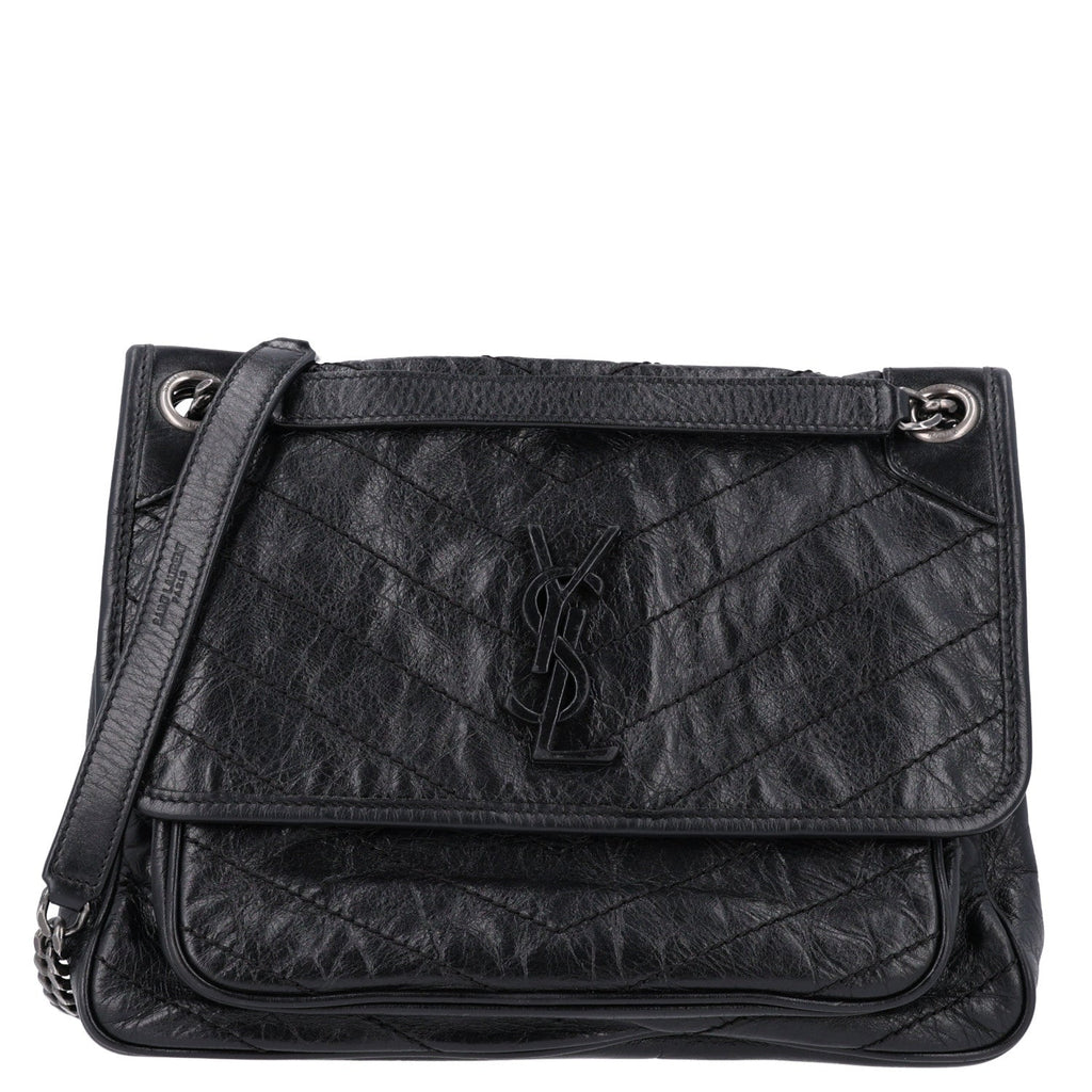 Saint Laurent Crinkled Calfskin Matelasse Monogram Medium Niki Chain Satchel Storm