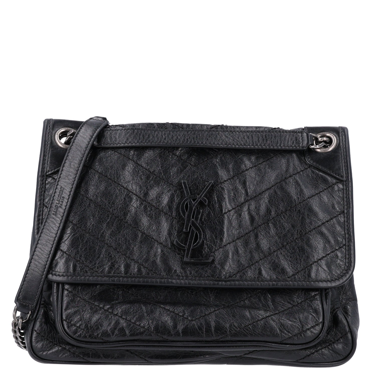Saint Laurent Crinkled Calfskin Matelasse Monogram Medium Niki Chain Satchel Storm