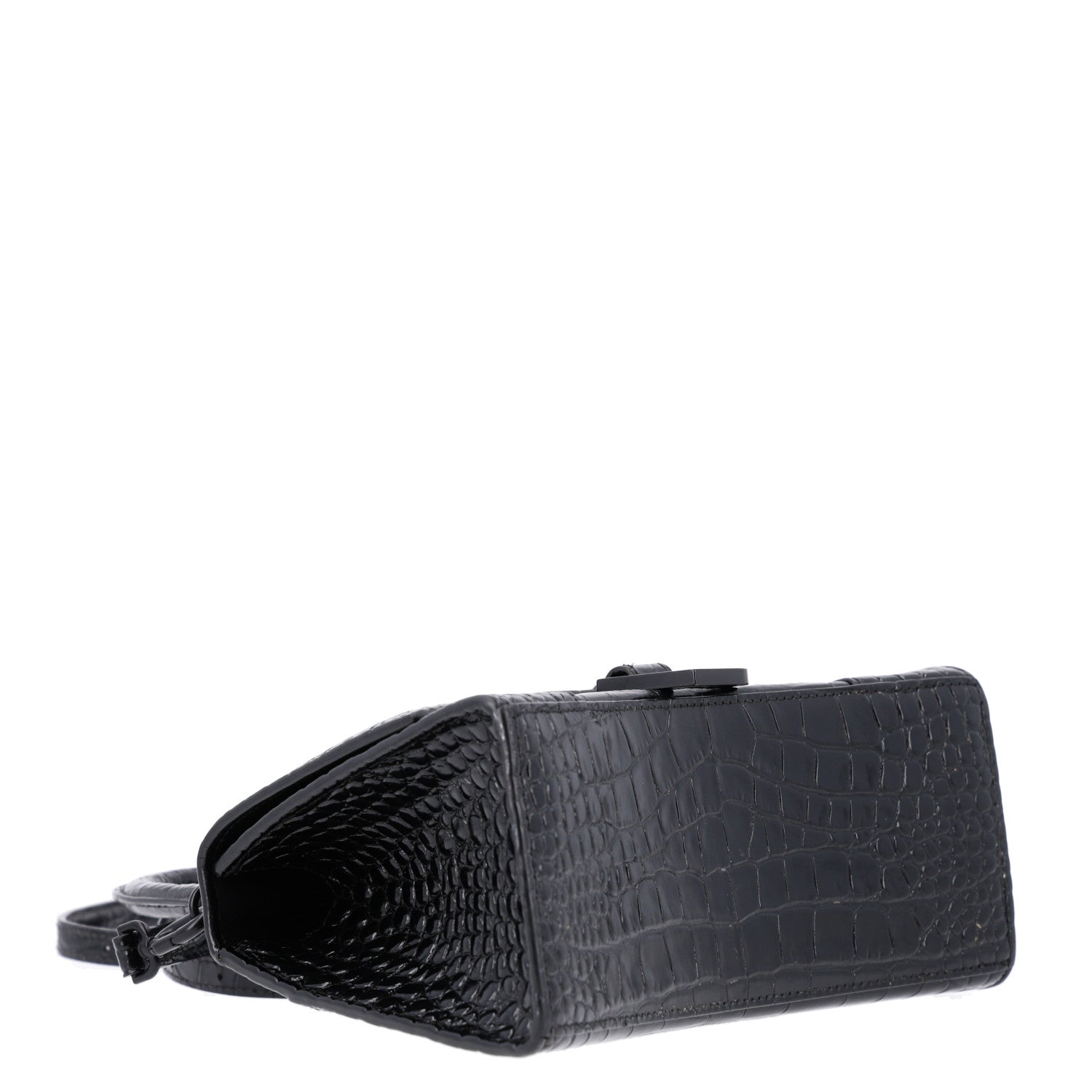 Balenciaga Shiny Calfskin Monochrome Crocodile Embossed Small Hourglass Top Handle Bag Black