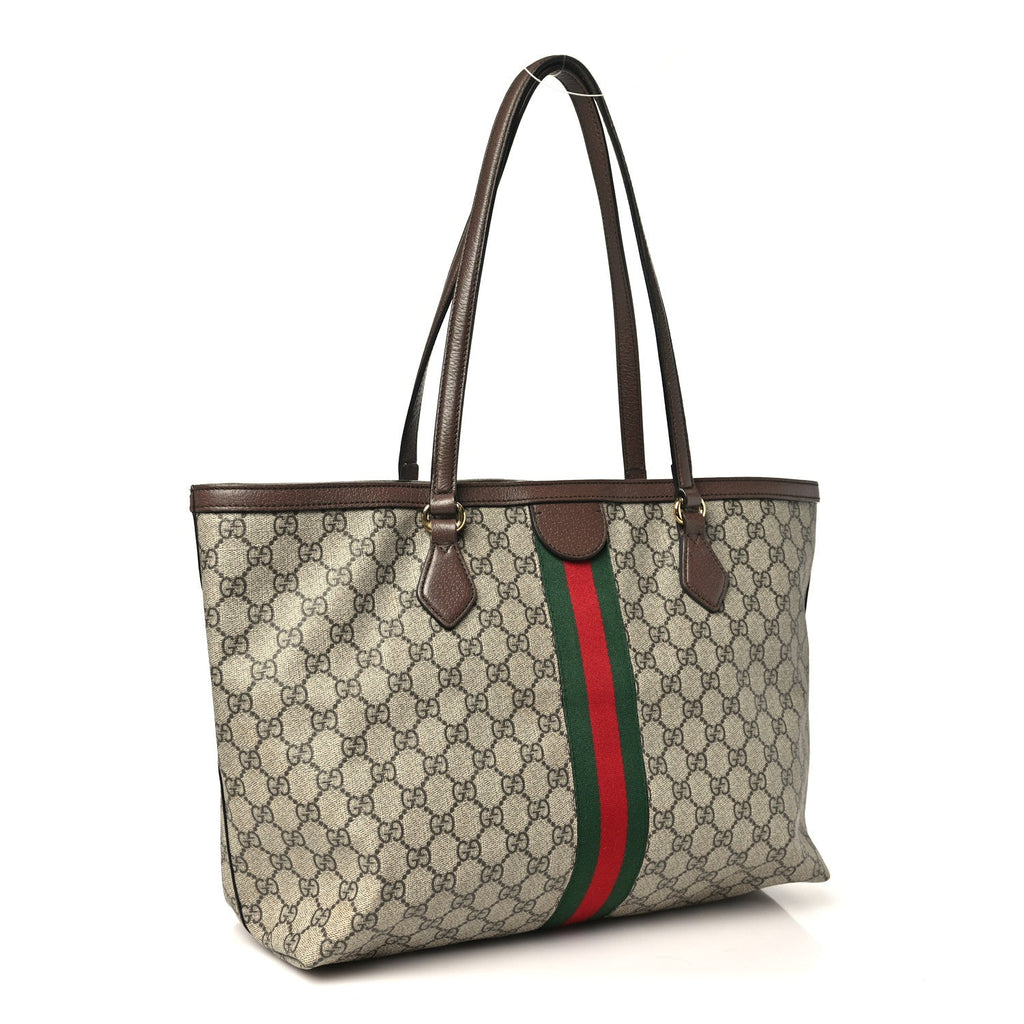 Gucci GG Supreme Monogram Textured Calfskin Web Medium Ophidia Shopping Tote Beige Ebony New Acero
