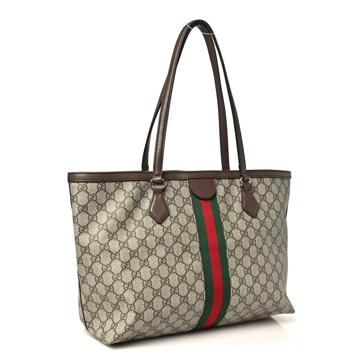 Gucci GG Supreme Monogram Textured Calfskin Web Medium Ophidia Shopping Tote Beige Ebony New Acero