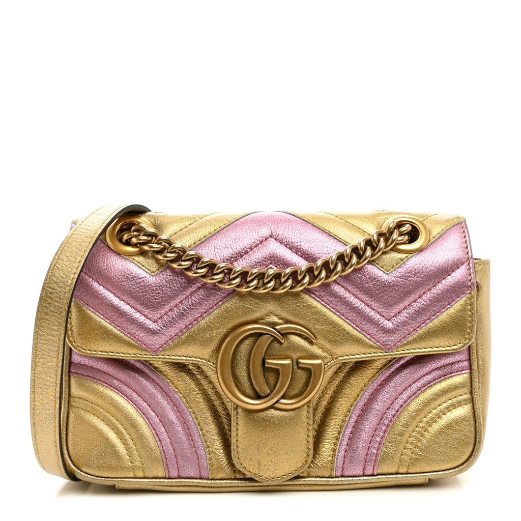 Gucci Metallic Calfskin Matelasse Mini GG Marmont Shoulder Bag Gold Pink