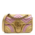 Gucci Metallic Calfskin Matelasse Mini GG Marmont Shoulder Bag Gold Pink