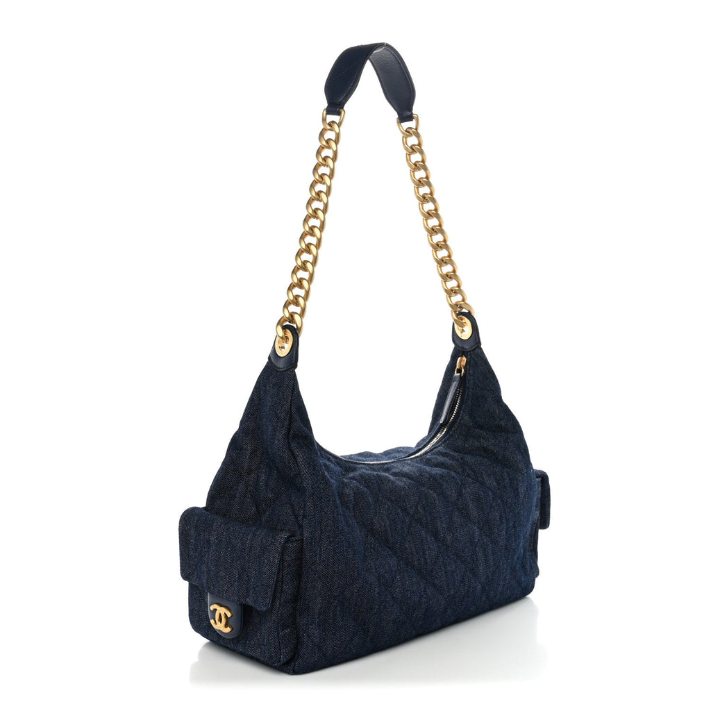 Chanel Washed Denim Quilted Maxi Trendy Pockets Hobo Dark Blue
