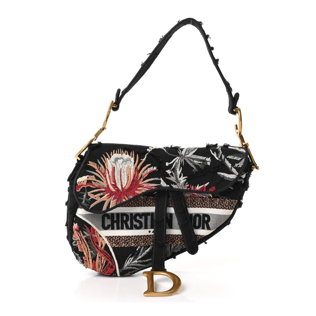 Dior Canvas Embroidered Camouflage Flowers Saddle Bag Black Multicolor