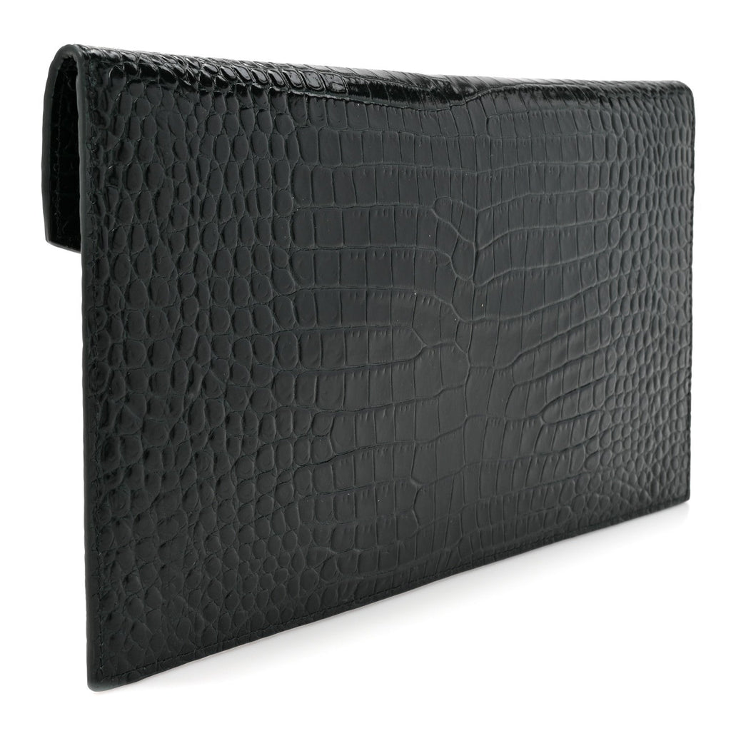 Saint Laurent Calfskin Crocodile Embossed Uptown Monogram Pouch Mint
