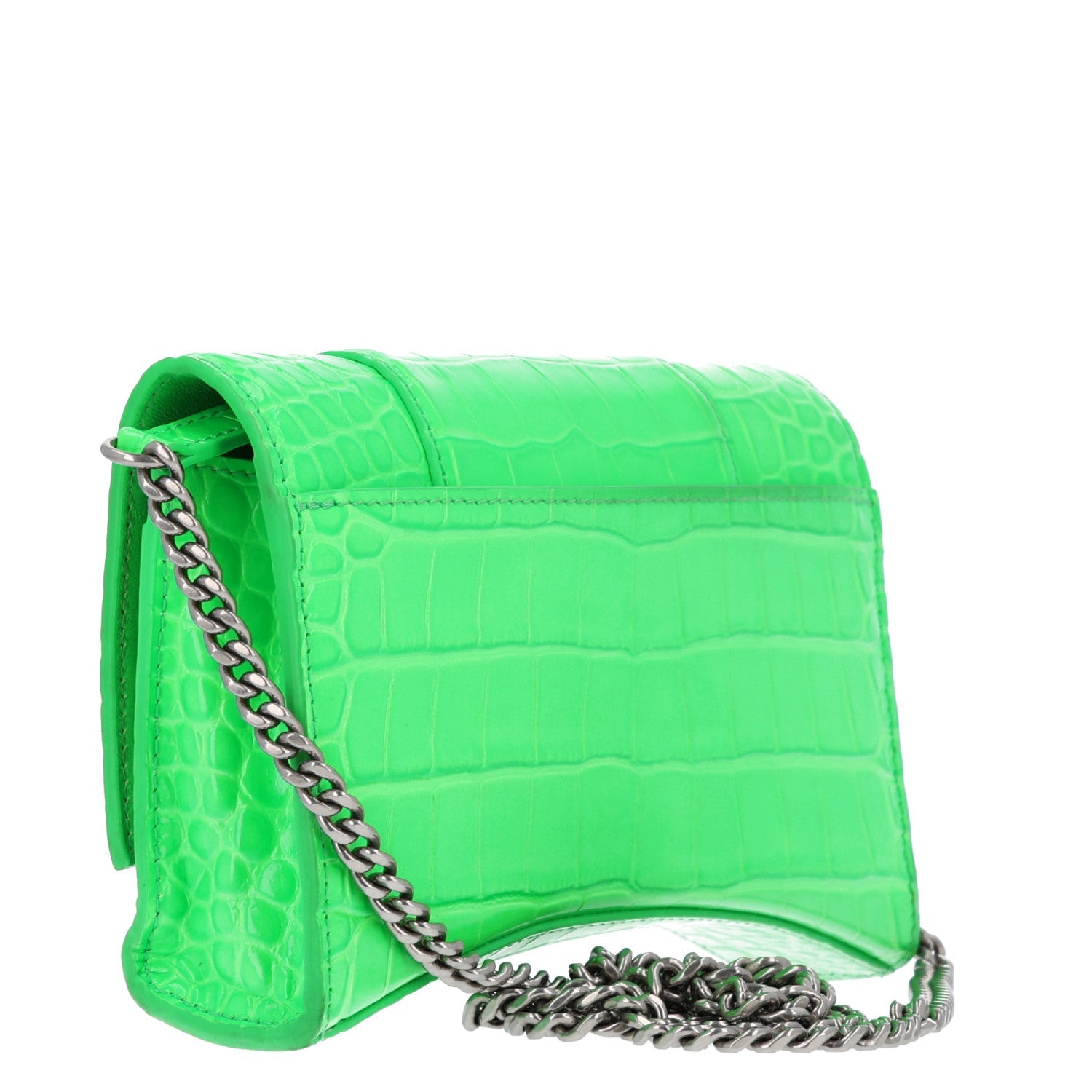Balenciaga Shiny Calfskin Strass Crocodile Embossed Hourglass Chain Bag Fluo Green