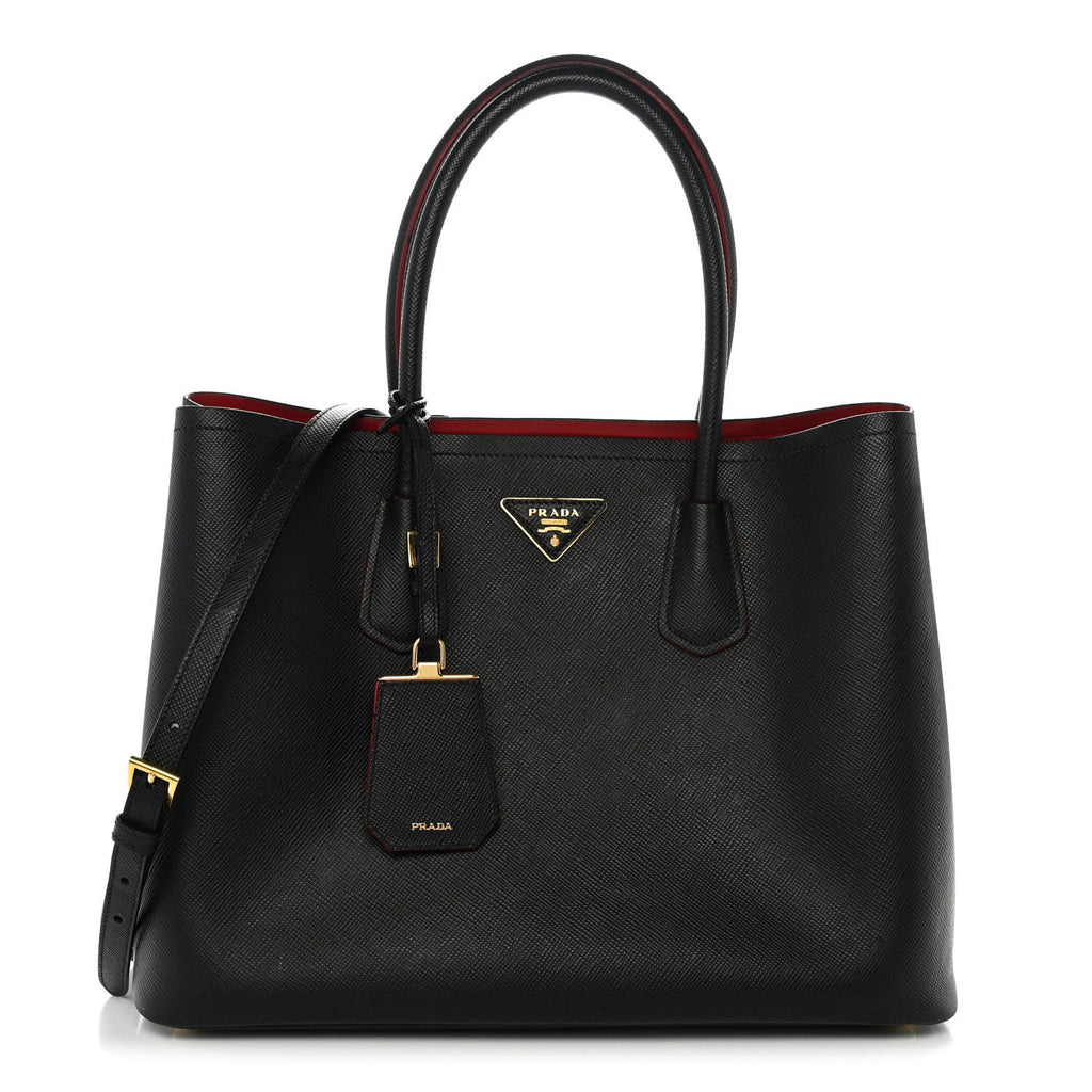 Prada Saffiano Cuir Large Double Bag Black Fuoco