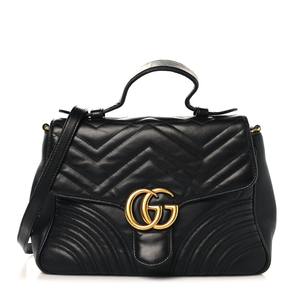 Gucci Calfskin Matelasse Small GG Marmont Top Handle Shoulder Bag Black