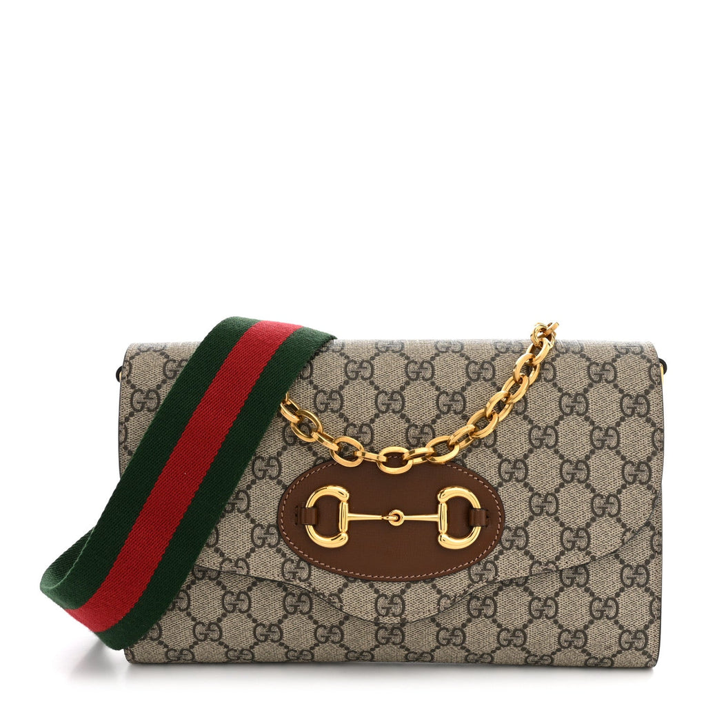 Gucci GG Supreme Monogram Azalea Calfskin Web Small Horsebit 1955 Crossbody Bag Beige Ebony Brown Sugar