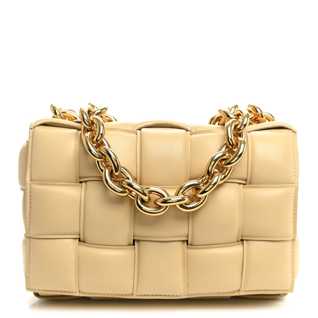 Bottega Veneta Lambskin Maxi Intreccio Padded Chain Cassette Crossbody Bag Porridge