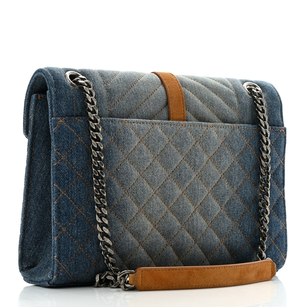 Saint Laurent Denim Mixed Matelasse Triquilt Medium Monogram Envelope Satchel Blue