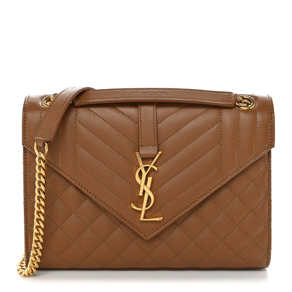 Saint Laurent Grain De Poudre Textured Mixed Matelasse Medium Triquilt Monogram Satchel Dark Cork