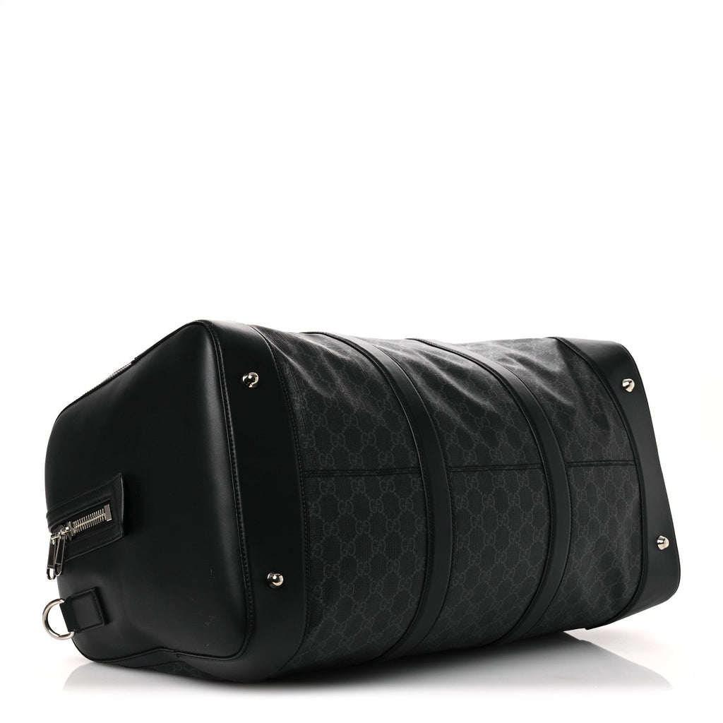 Gucci Soft GG Supreme Monogram Appia Calfskin Web Large Carry On Duffle Bag Black Grey