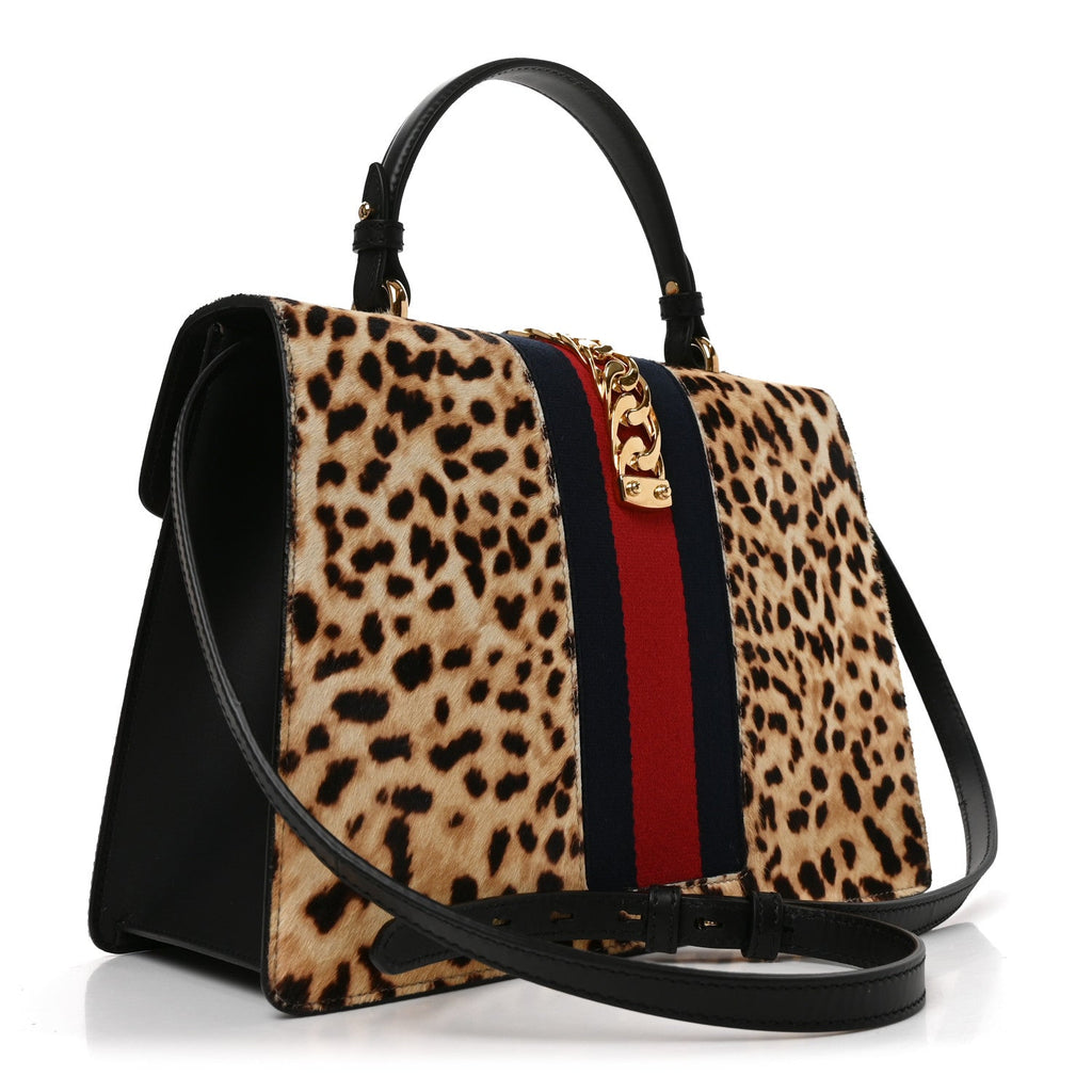 Gucci Calf Hair Leopard Print Medium Sylvie Top Handle Bag Naturale Black Naturale Black